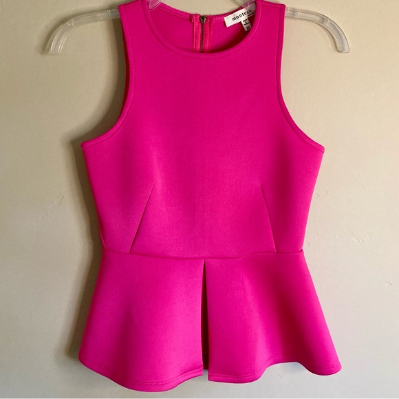 Monteau Hot Pink Peplum Scuba Top Sleeveless Fitted Stretchy Size XS or S - Picture 2 of 7